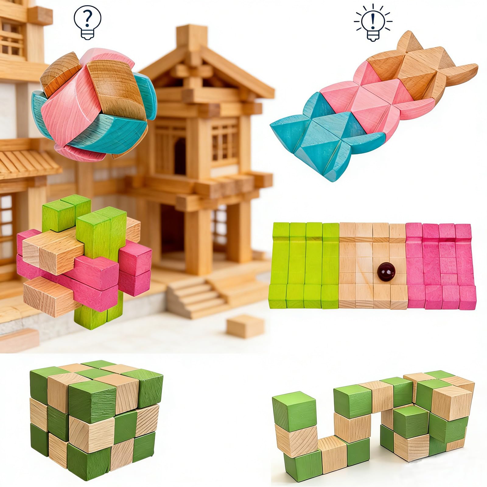 RICHOOSE Wooden Brain Teaser Puzzles for Adults, 6PCS Coffee Table Puzzle Games with Display Stands, Challenging 3D Wood Puzzles for Teens to Seniors