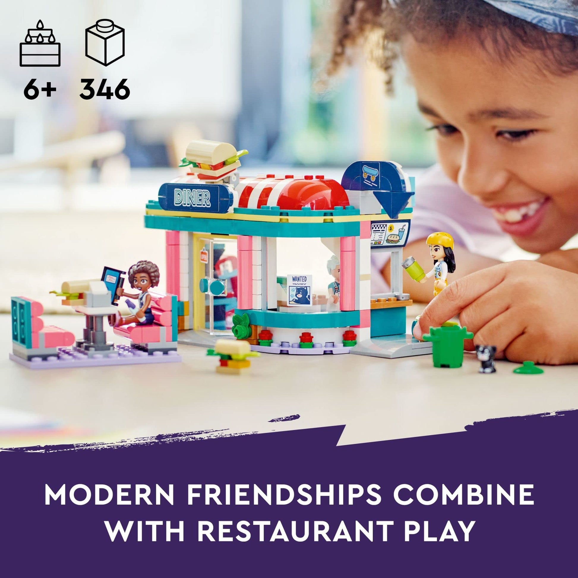 LEGO Friends Heartlake Downtown Diner Building Toy - Restaurant Pretend Playset with Food, Includes Mini-Dolls Liann, Aliya, and Charli, Birthday Gift