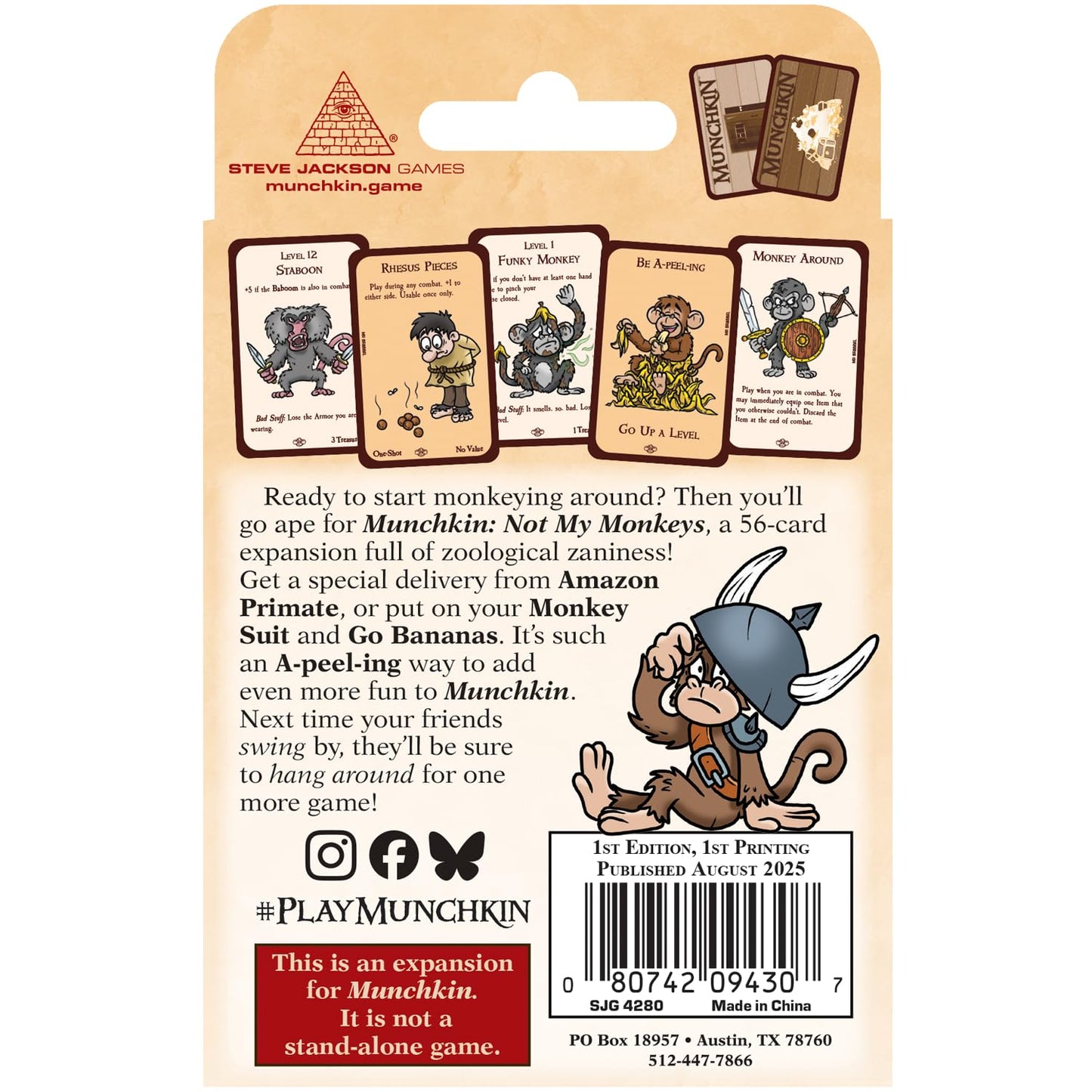 Munchkin: Not My Monkeys | Expansion Card Pack | 3-6 Players, Ages 14+, 1-2 Hours | 56 Mischievous Cards | Steve Jackson Games