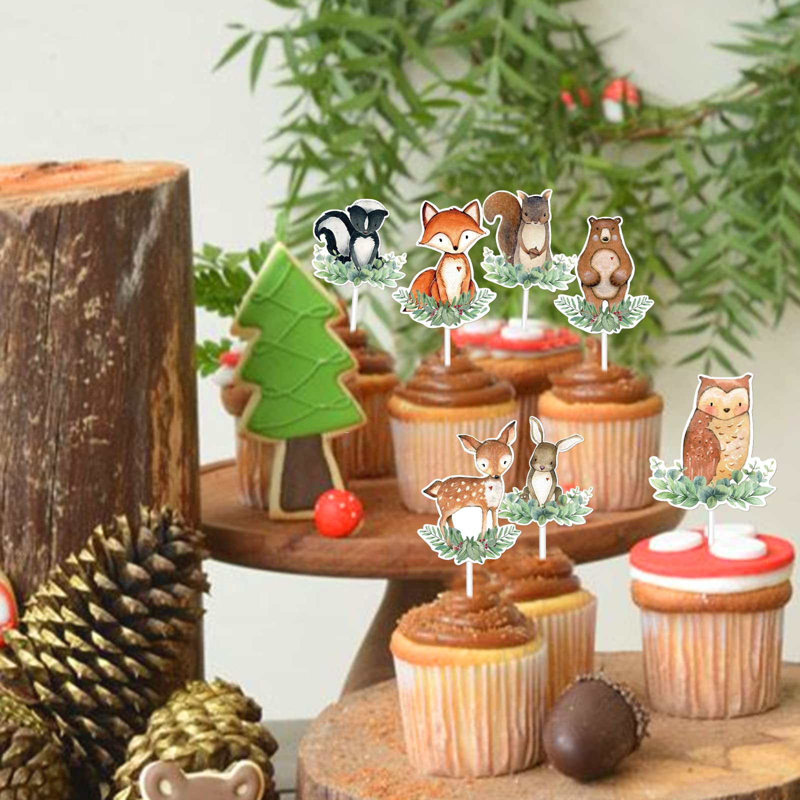 TTDQ 48pcs Woodland Cupcake Topper Animal Cupcake Toppers, Woodland Theme Baby Shower Decorations Woodland Creatures Baby Shower