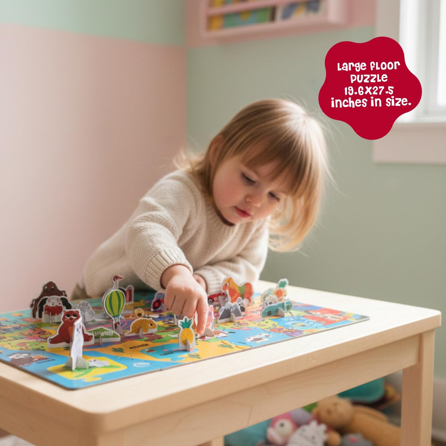 Dinomini Giant USA Map Puzzle for Kids - with Interactive Standing Figures - Floor Puzzles for Kids Ages 3-5 - Preschool Learning Activities
