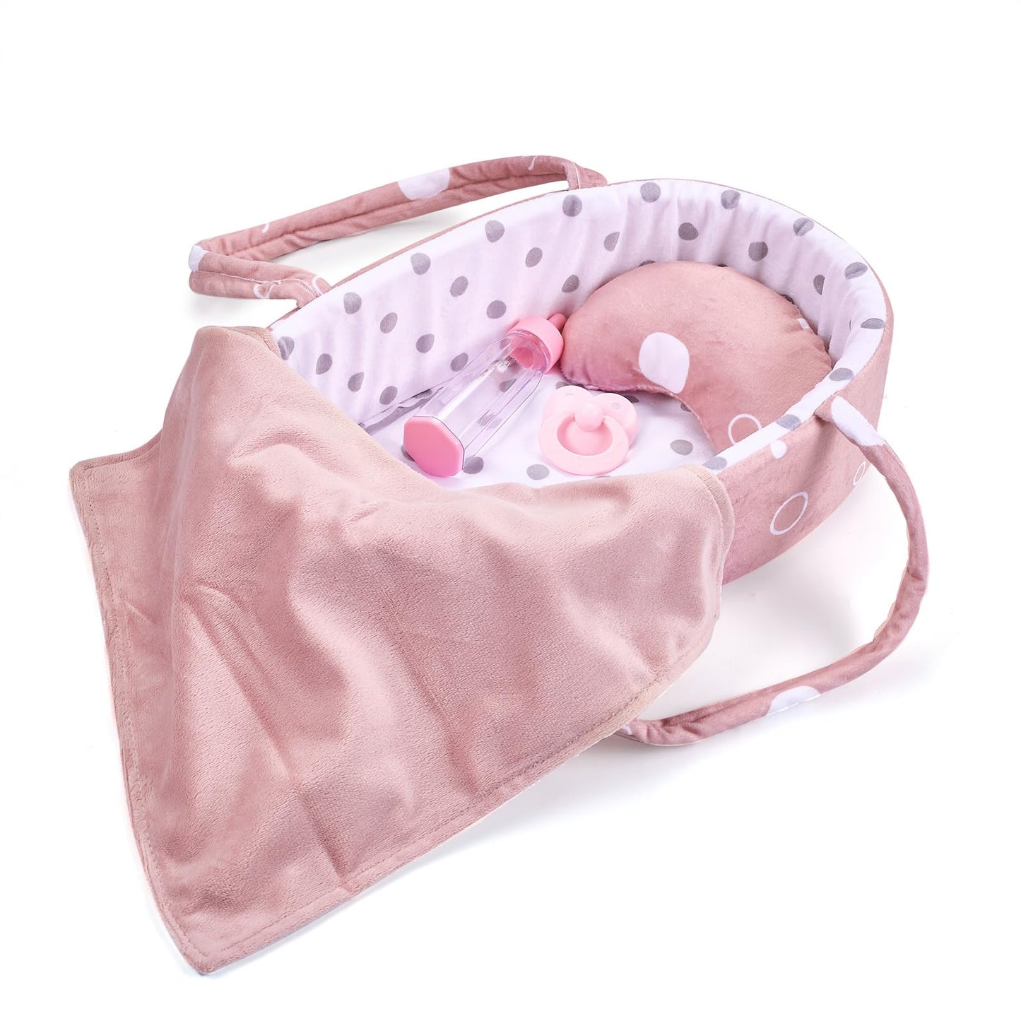 Enjoyin 8 Pcs Baby Doll Accessories Set Includes Feeding Bottle, Pacifier, Blanket, Pillow, Tablewares and Bassinet Carrier for 9'' to 12'' Dolls