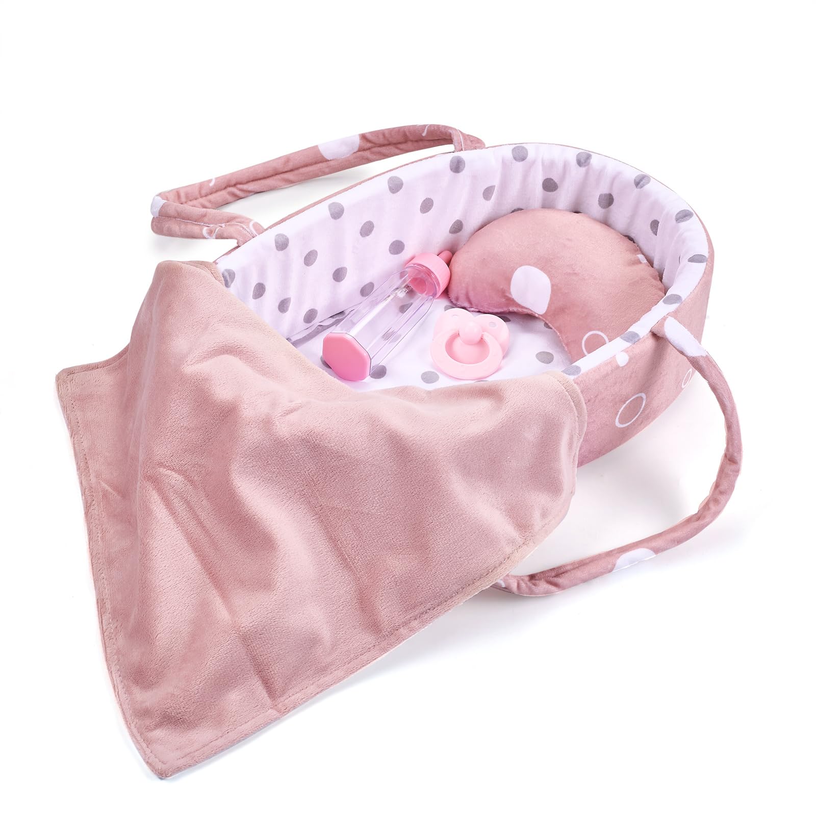 Enjoyin 8 Pcs Baby Doll Accessories Set Includes Feeding Bottle, Pacifier, Blanket, Pillow, Tablewares and Bassinet Carrier for 9'' to 12'' Dolls