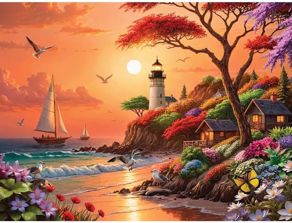 Bits and Pieces 3 Jigsaw Puzzle Set - 300 Piece Puzzles for Adults - Fantasy Landscapes - 18" x 24" Jigsaw Puzzles - Sunset Lighthouse Waterfall