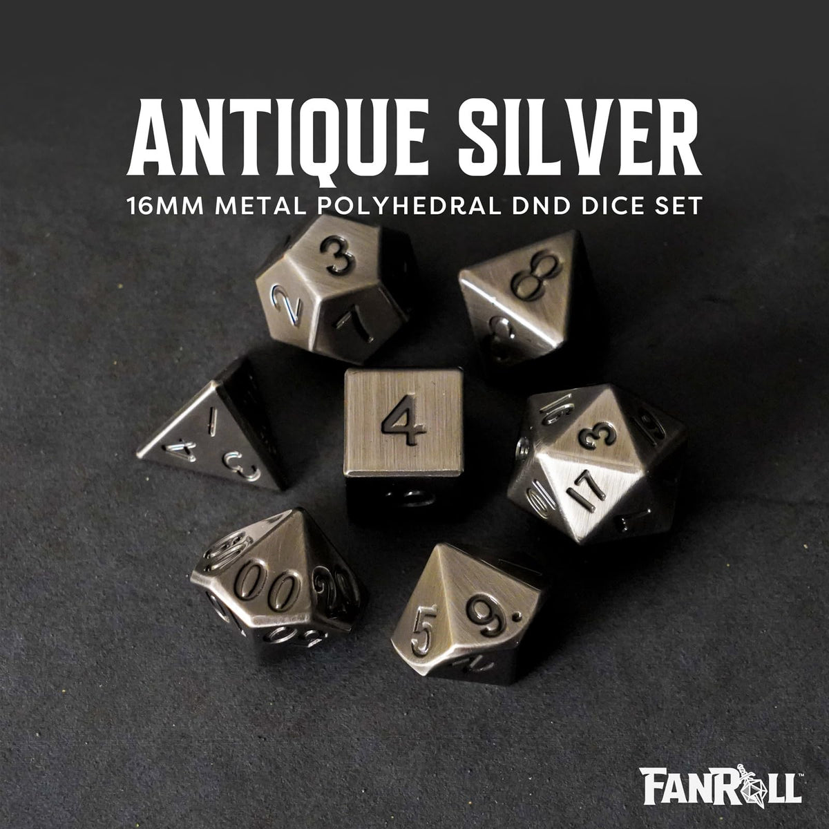 FanRoll 16mm Metal Polyhedral DND Dice Set: Antique Silver, Role Playing Game Dice for Dungeons and Dragons