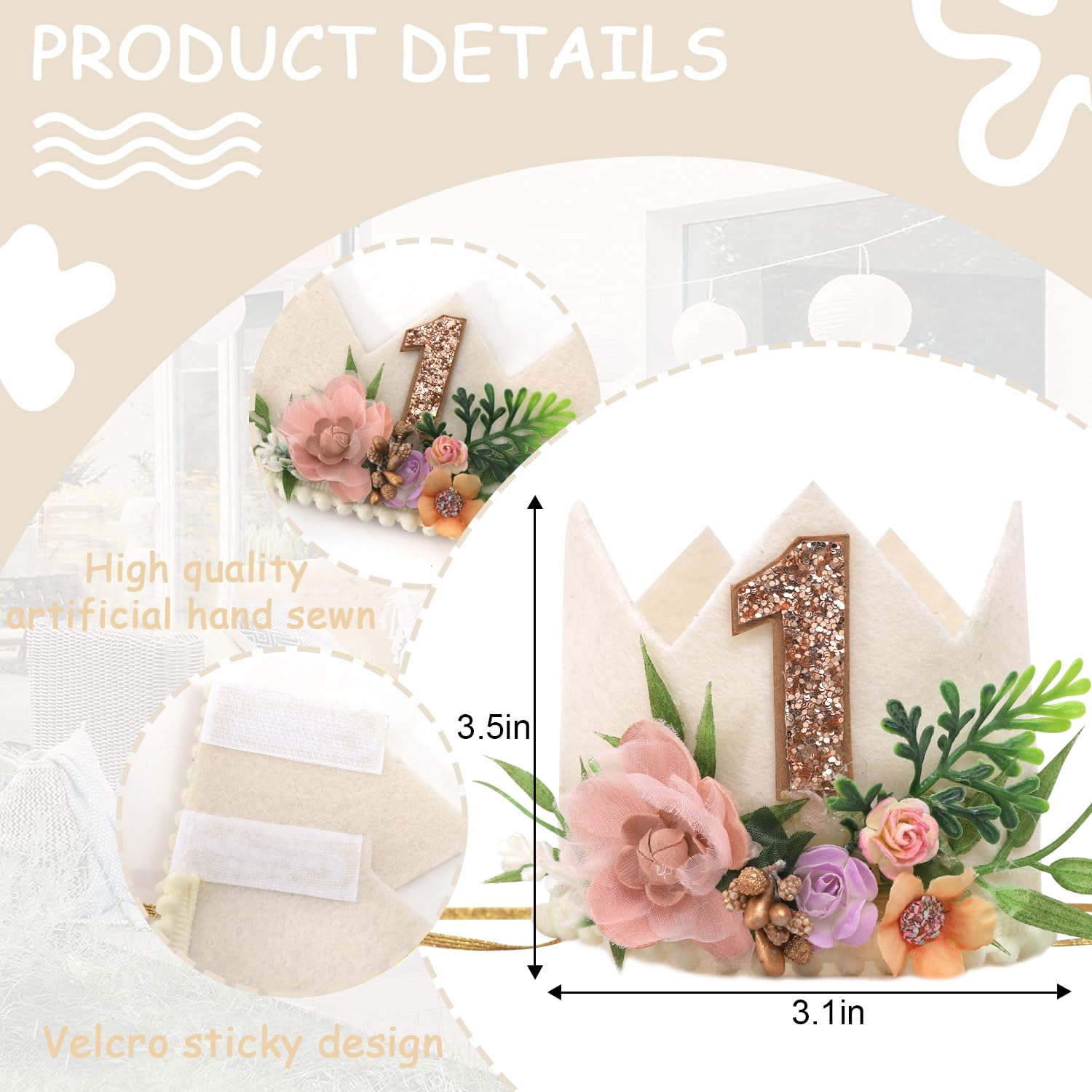 MADENG Floral Greens 1st Birthday Outfit - Bohemian Woodland Camping Party Decorations, Girl's Froal One Birthday Hat and Leaf Crown