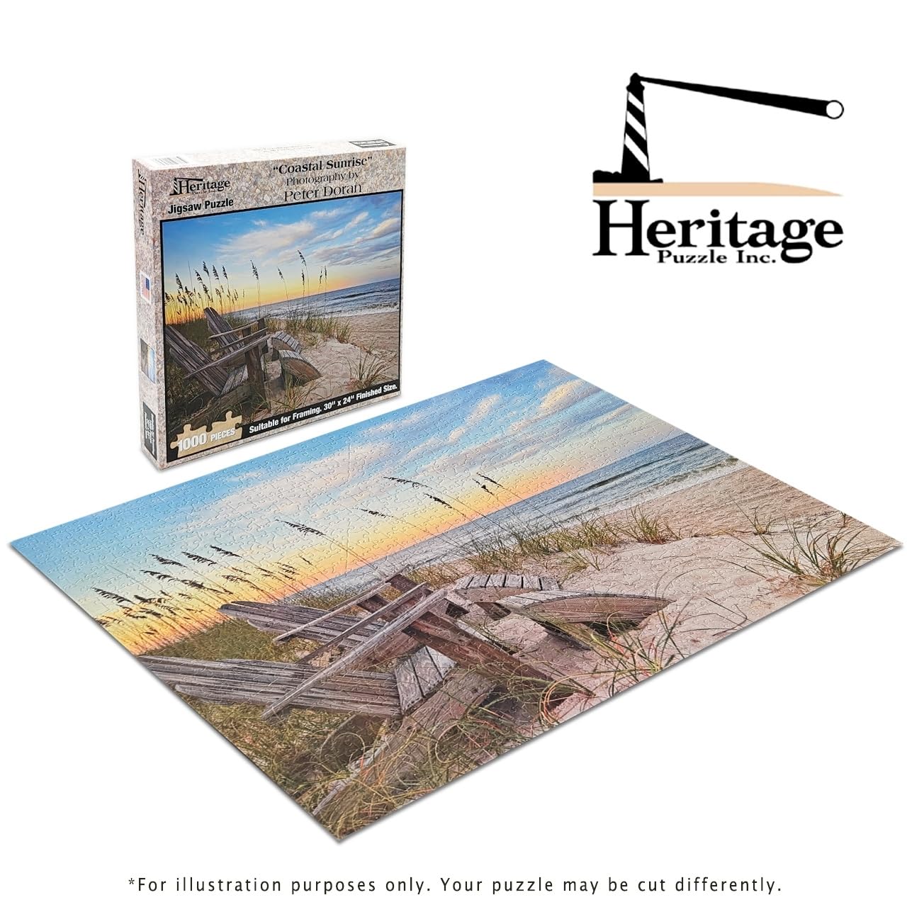 Heritage Puzzle Coastal Sunrise Beach Ocean Jigsaw Puzzle for Adults 1000 Pieces, Frameable 30" x 24" Relaxing Coastal Puzzles - Serene Scene on Sandy