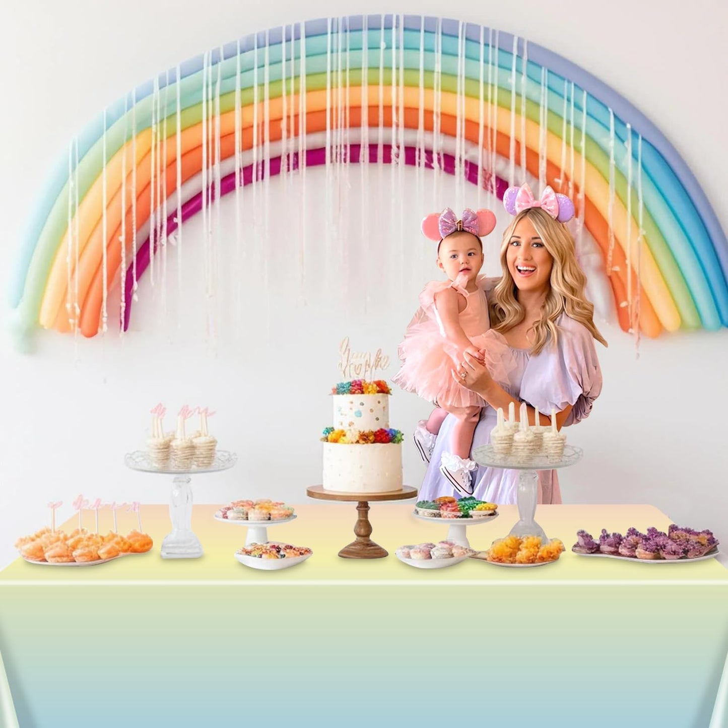 APUXXJUPA Pastel Rainbow Tablecloth, 4 Pcs Plastic Pastel Table Cloths for Parties Rainbow Birthday Decorations Baby Shower Wedding Party Supplies, 51