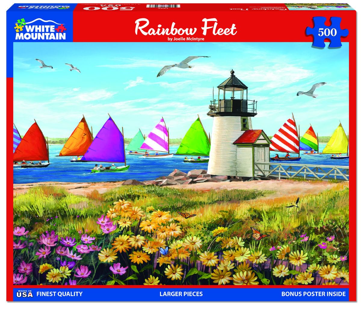 White Mountain 500 Piece Jigsaw Puzzle Summer Beach Sailboat, Rainbow Fleet
