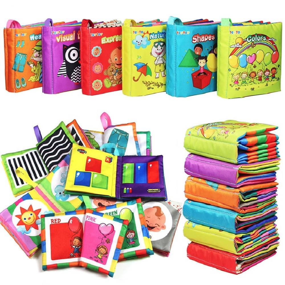 teytoy My First Soft Book, 6 PCS Nontoxic Fabric Baby Cloth Books Early Education Toys Activity Crinkle Cloth Book for Toddler, Infants and Kids