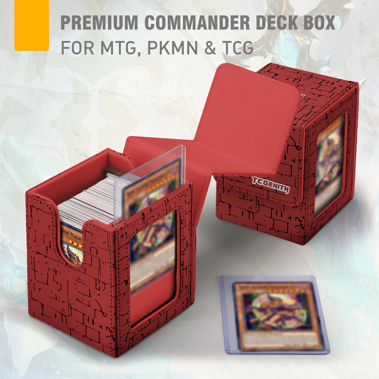 TCGENITH MTG Commander Deck Box with Display Window, Magnetic Closure Card Case Holds 100+ Double-Sleeved Cards, PU Leather TCG Storage Box Compatible
