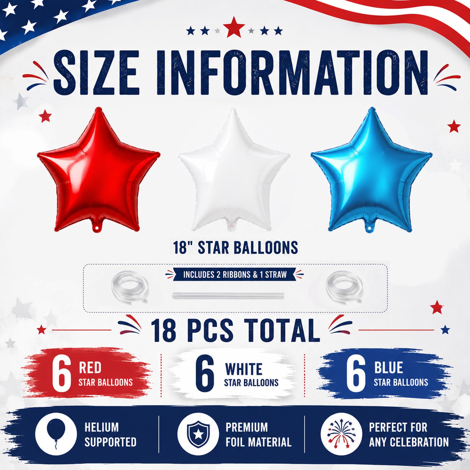 18 Pieces 18 Inches Red White Blue Stars Balloons, USA Themed Aluminum Foil Balloons for 4th of July, Independence Day Patriotic Birthday Party