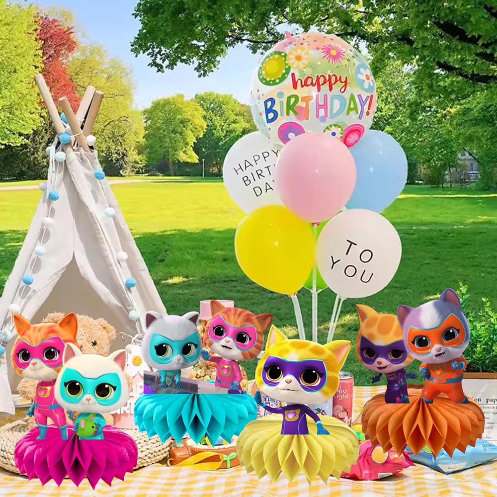 8Pcs Super Cats Honeycomb Table Centerpiece, Cartoon Cats Birthday Party Supplies Table Decorations for Kids Party Decorations