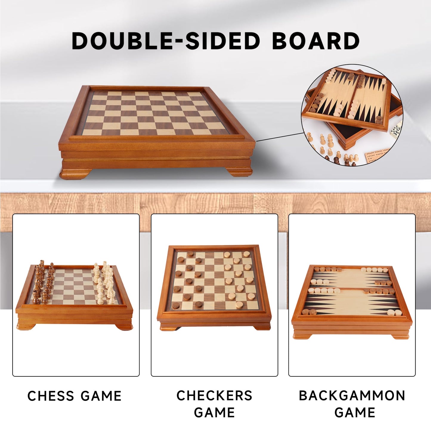 GSE Games & Sports Expert Wooden 7-in-1 Chess, Checkers, Backgammon, Dominoes, Cribbage Board, Playing Card & Poker Dice Game Combo Set (Deluxe)