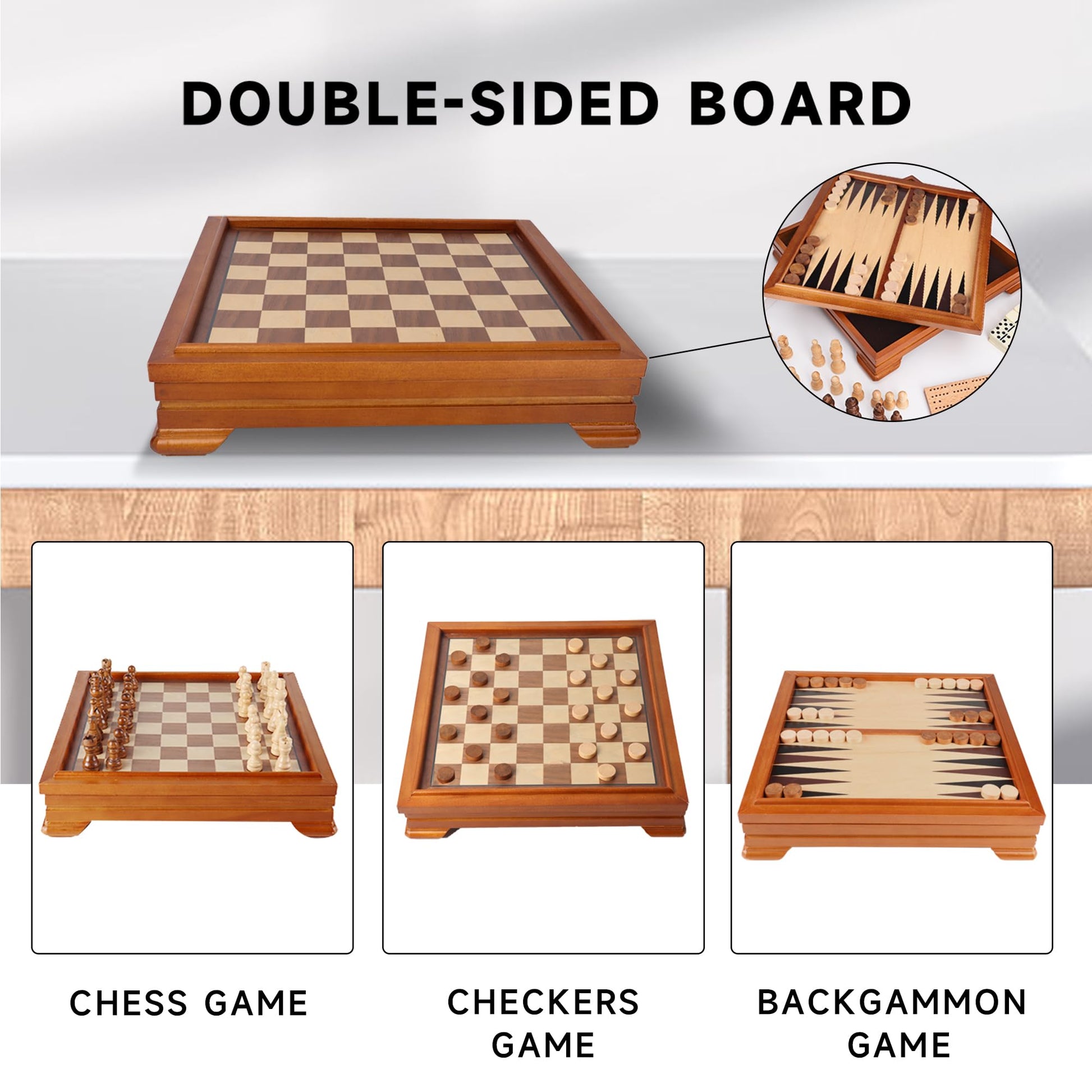 GSE Games & Sports Expert Wooden 7-in-1 Chess, Checkers, Backgammon, Dominoes, Cribbage Board, Playing Card & Poker Dice Game Combo Set (Deluxe)