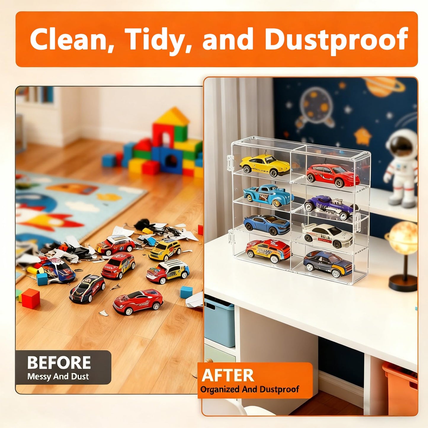 4-Pack Clear Display Case for 1/64 Scale Die-Cast Cars, Compatible with Hot Wheels & Matchbox, Wall-Mountable & Stackable Toy Car Storage Boxes, Holds
