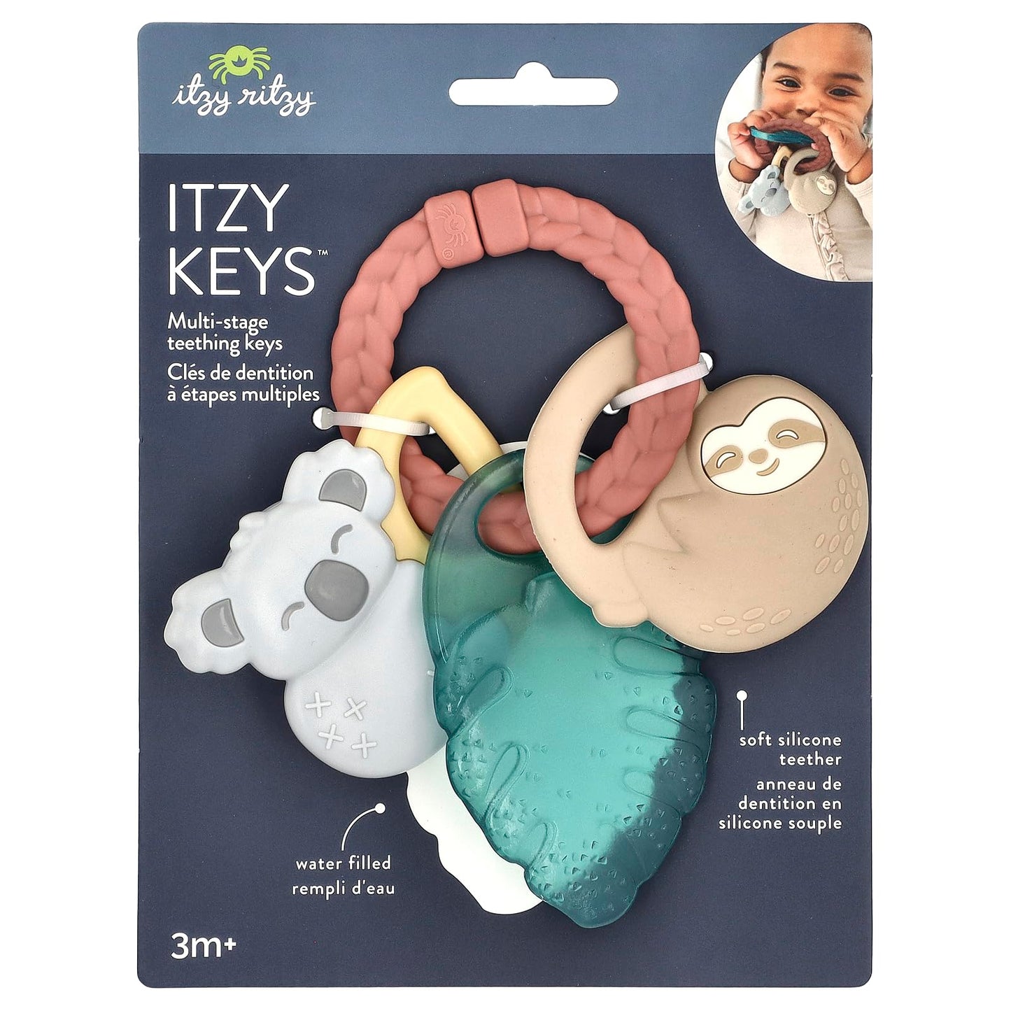 Itzy Ritzy Teething Keys Baby Teether Toy - Features a Braided Texture Ring & Keys, Includes a Water-Filled Leaf-Shaped Teether & Silicone Sloth
