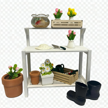 Miniature Scene Building 1:12 Scale Garden Potting Bench Set with Tools, Flowers, Pots and Fish Bowl (Potting Bench)
