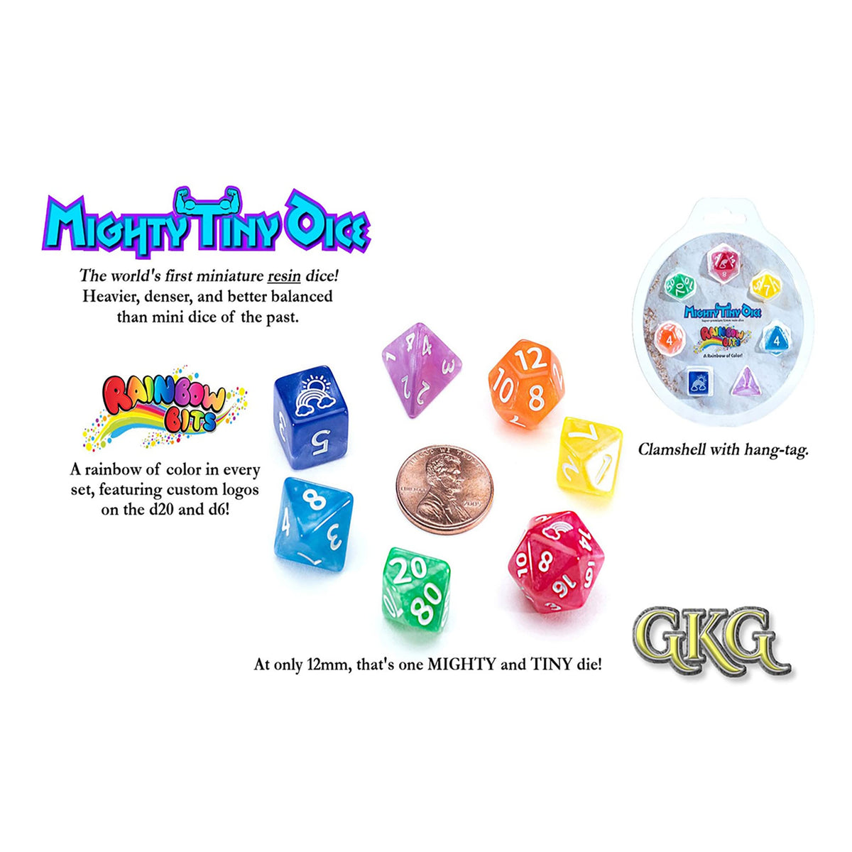 Gate Keeper Games & Dice Gate Keeper Games Mighty Tiny Dice: Rainbow Bits - 7 Piece RPG Dice Set, 12mm Resin Dice Set, Custom Logos on d20 and d6