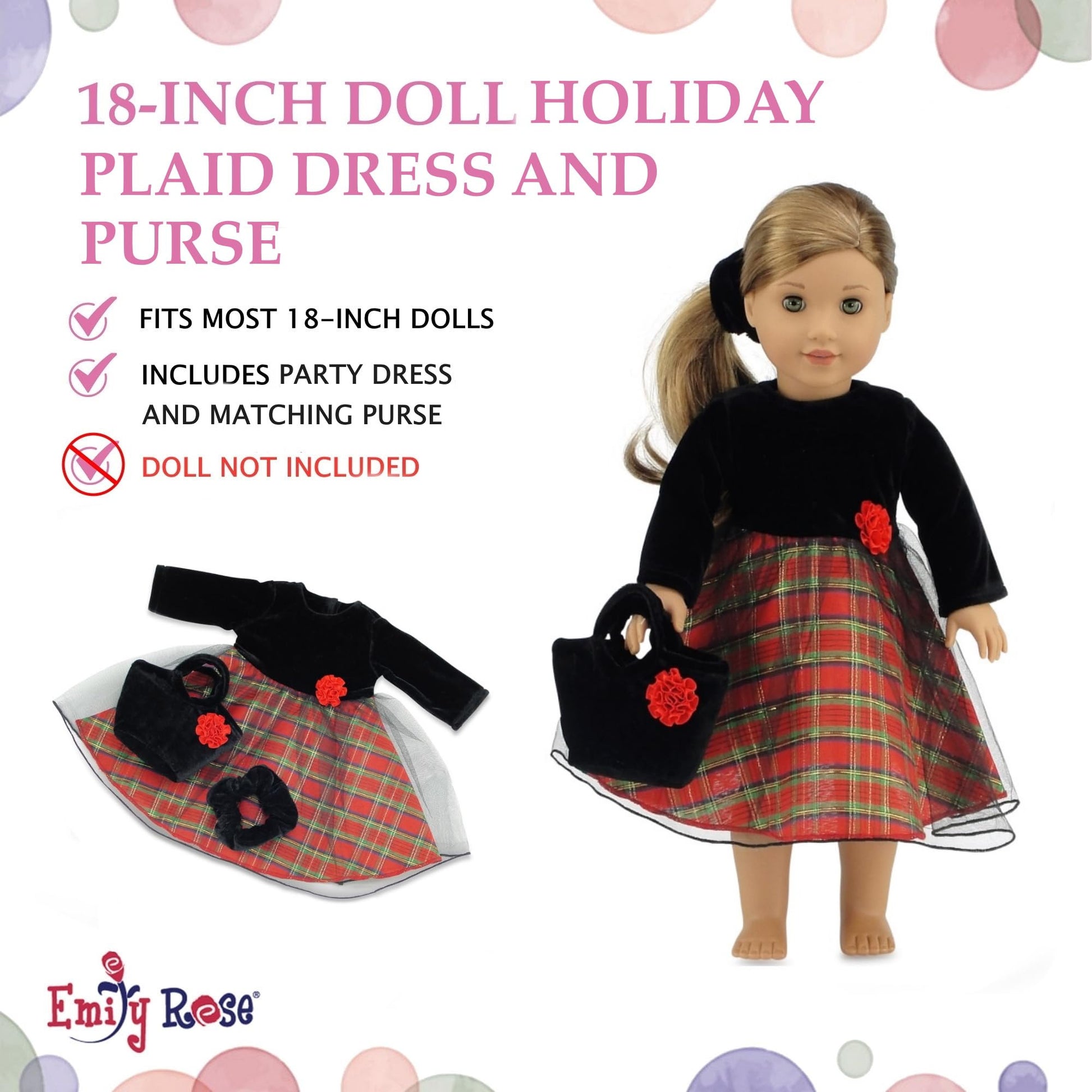 Emily Rose 18 Inch Doll Holiday Party 3-PC Dress & Purse Set | USA Brand Christmas Outfit for 18" Dolls | Quality Fabrics & Reinforced Stitching |