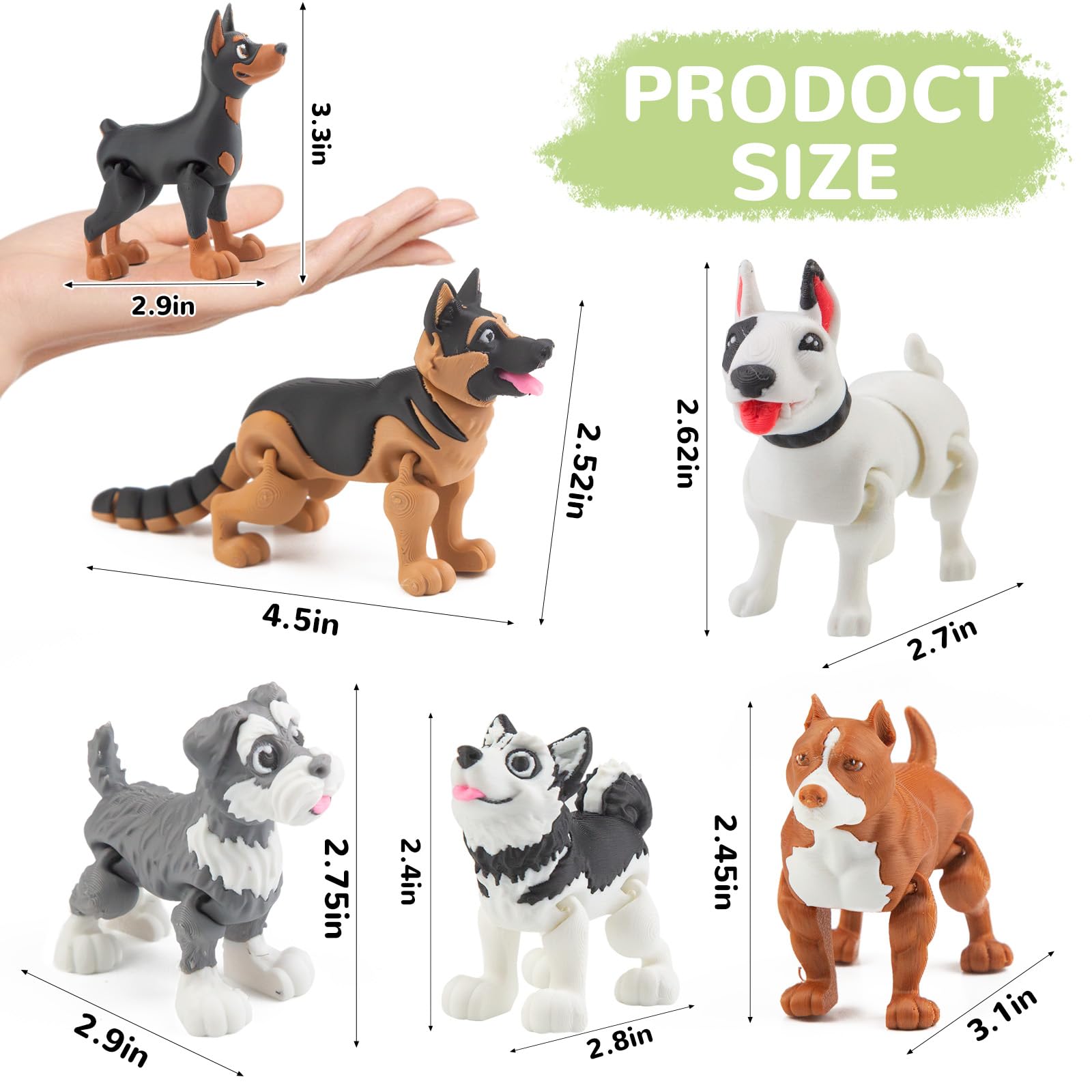 VDEZX 6PCS 3D Printed Dogs Toys, 3-5" Realistic Large 3D Printed Animals Figurines, Articulated Flexible Fidget for Goodie Bags Party Favors Birthday