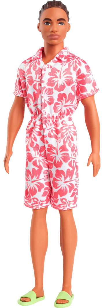 Barbie Fashionistas Ken Doll #235 with Braided Brown Hair, Wearing Coral Jumpsuit with Hawaiian Print and Green Sandals