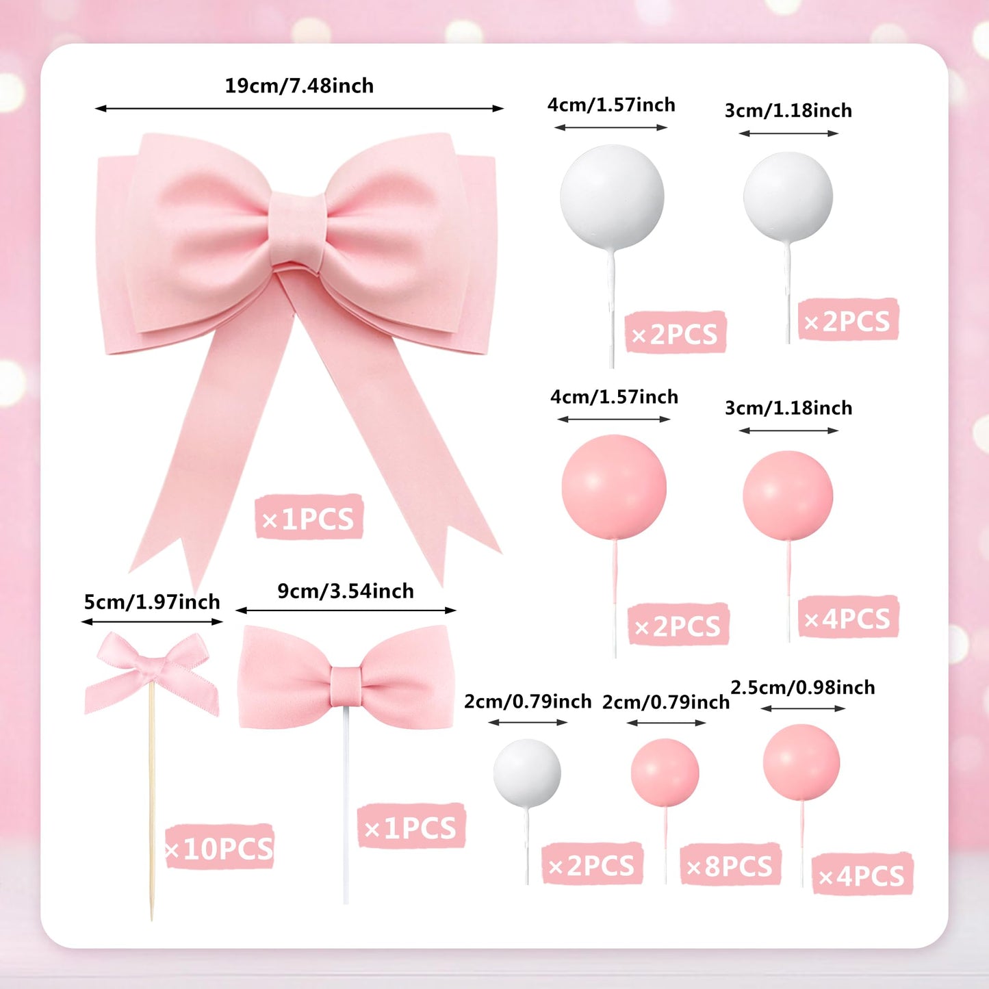 36 PCS Oversized Pink Bow Cake Toppers for Girls EVA Foam Bowknot Princess Cake Decorations Wedding Cake Topper for Birthday Baby Shower