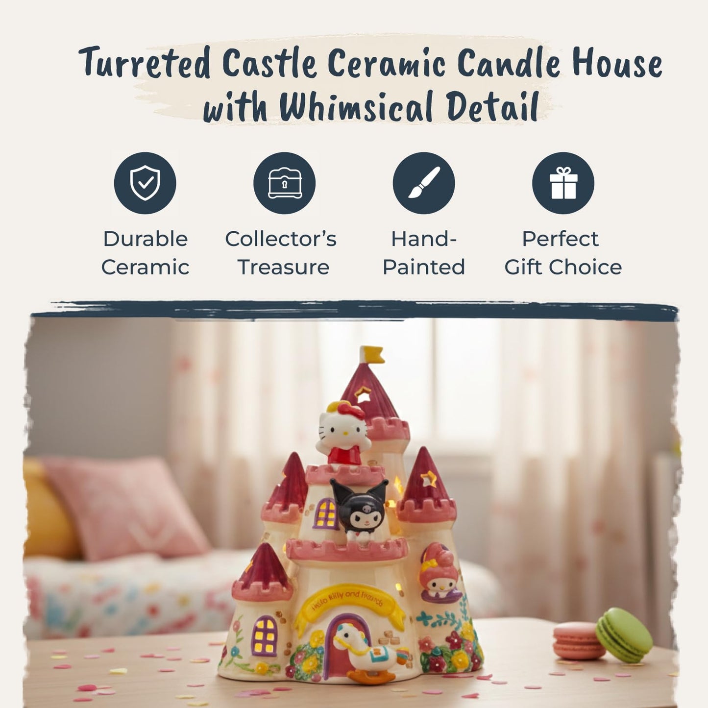 Blue Sky Clayworks Hello Kitty & Friends Castle Candle House, Ceramic, 7" L x 6" W x 8" H, Fairytale Window Glow