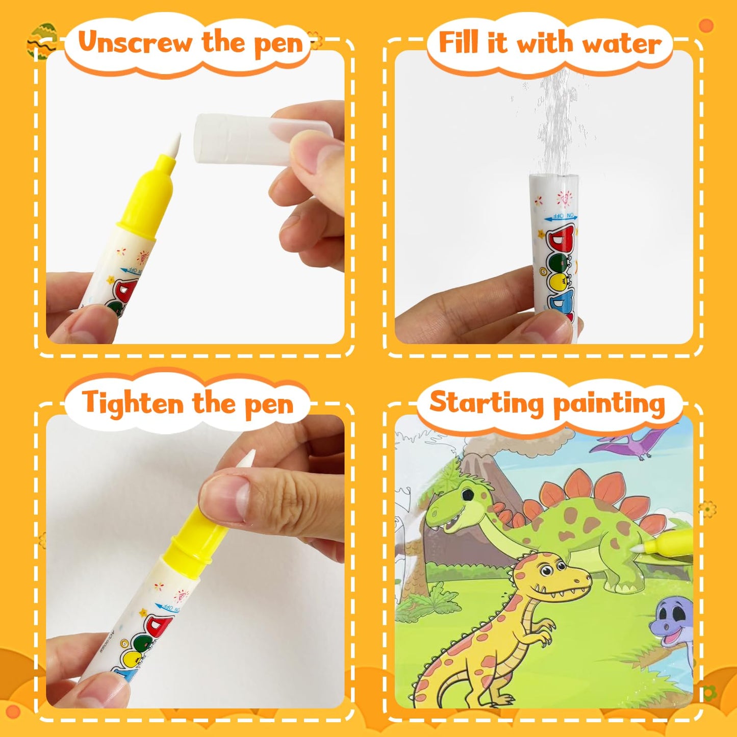 Water Painting Books for Toddlers, 4 Pack Reusable Magic Water Coloring Book with Water Pen Fairy Tale for Ages 3+, Water Doodle Book Travel Toys