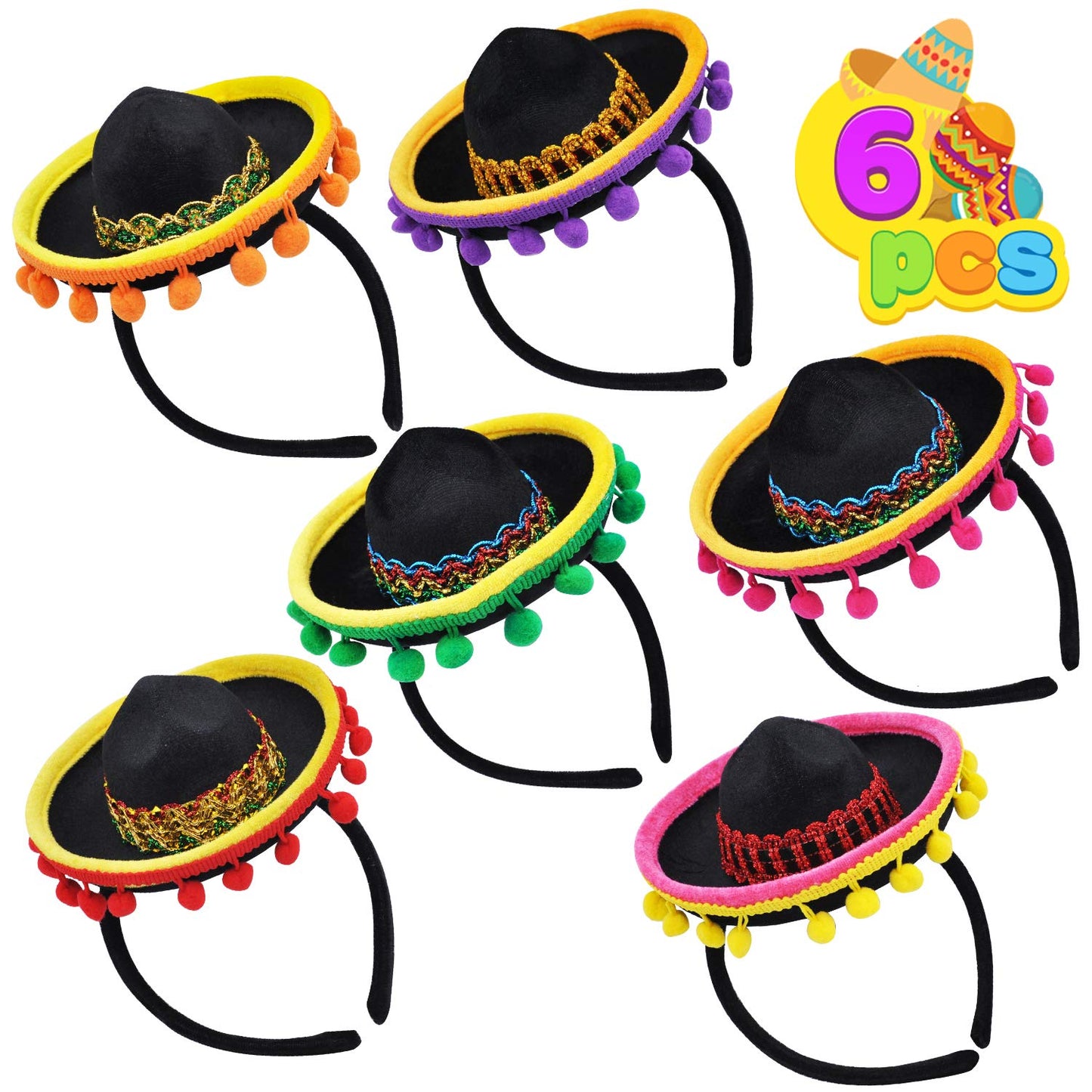 JOYIN 6 PCS Cinco De Mayo Fiesta Fabric Sombrero Headbands Party Costume for Fun Fiesta Hat Party Supplies, Luau Event Photo Props, Mexican Theme