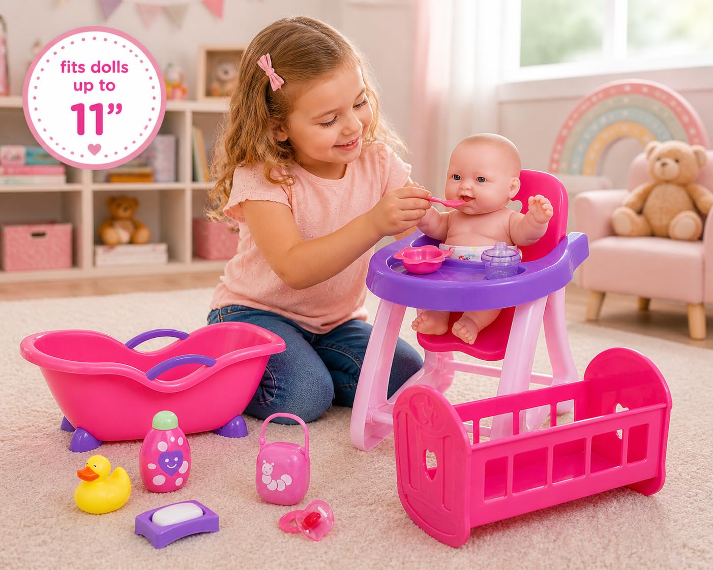 JC Toys Deluxe Doll Accessory Bundle | High Chair, Crib, Bath and Extra Accessories for Dolls up to 11" | Fits 11" La Baby & Other Similar Sized
