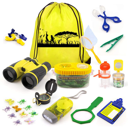 24 Pcs Kids Explorer Kit & Bug Catcher Kit for Kids, Outdoor Toys Adventure Camping Kit with Drawstring Bag, Binoculars, Compass, Butterfly Net