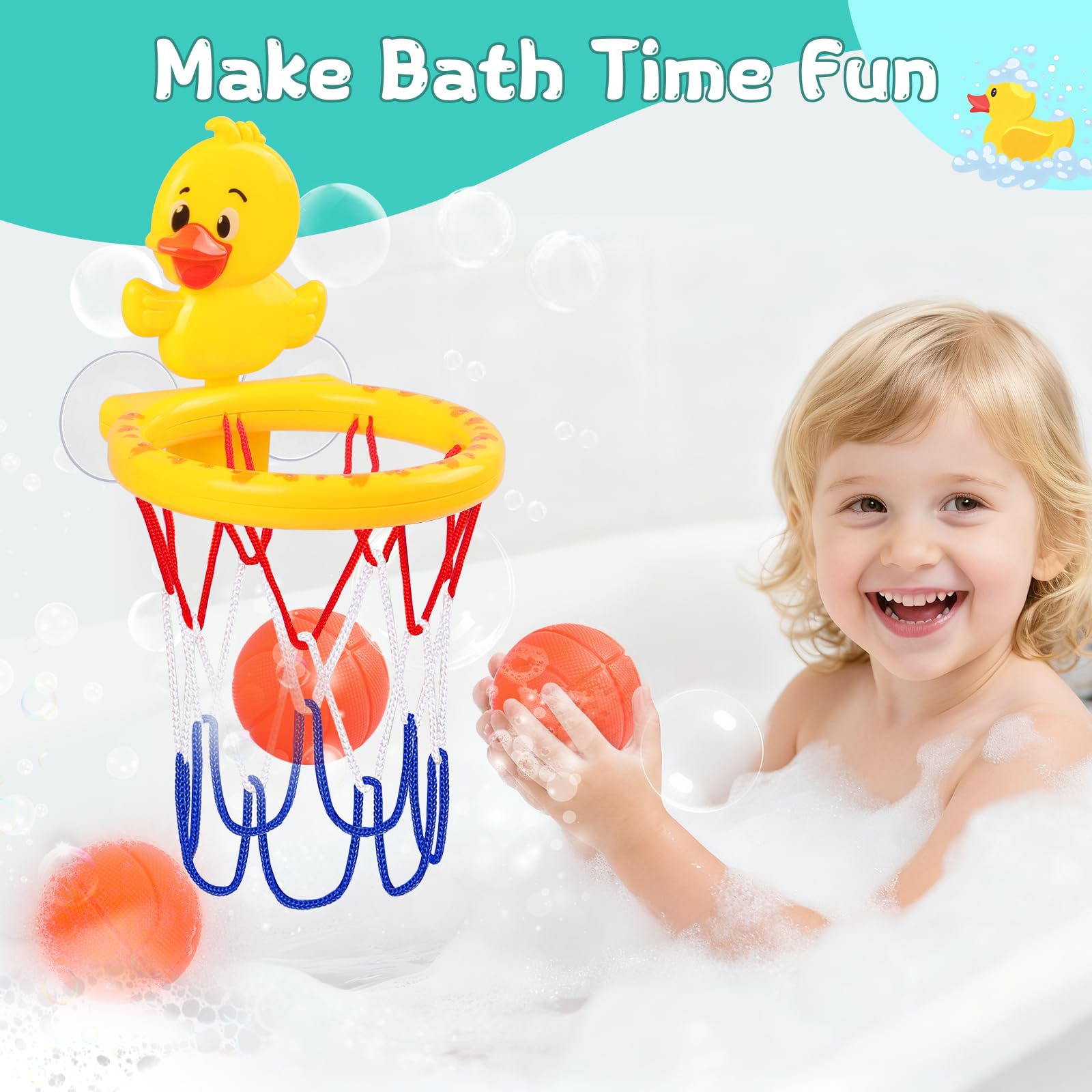 Bath Toys, Bathtub Basketball Hoop for Toddler Kids, 3 Soft No Hole Balls & Bath Basketball Hoop with Strong Suction Cup, Yellow Duck Baby Shower Bath