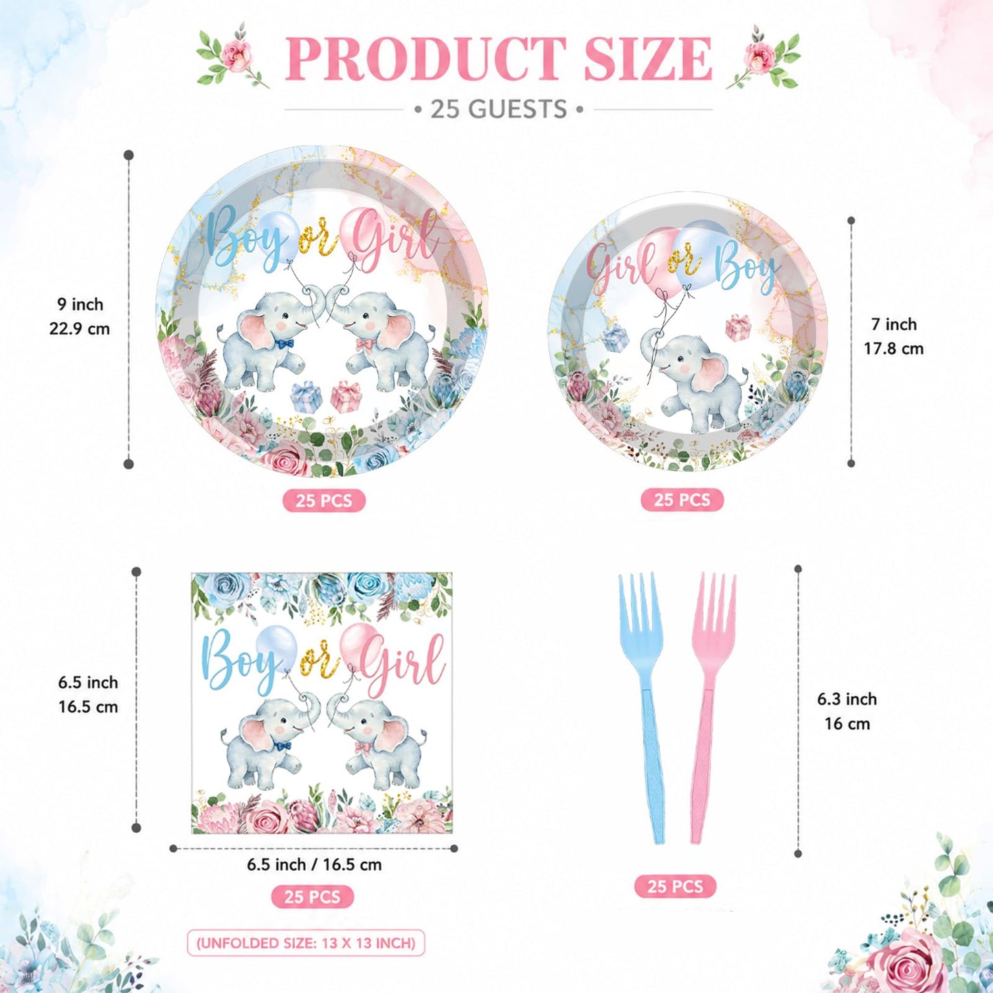 100 Pcs Elephant Gender Reveal Tableware Set, Serves 25, Disposable Boy or Girl Design Paper Plates, Napkins, and Pink Blue Plastic Forks, Baby Shower