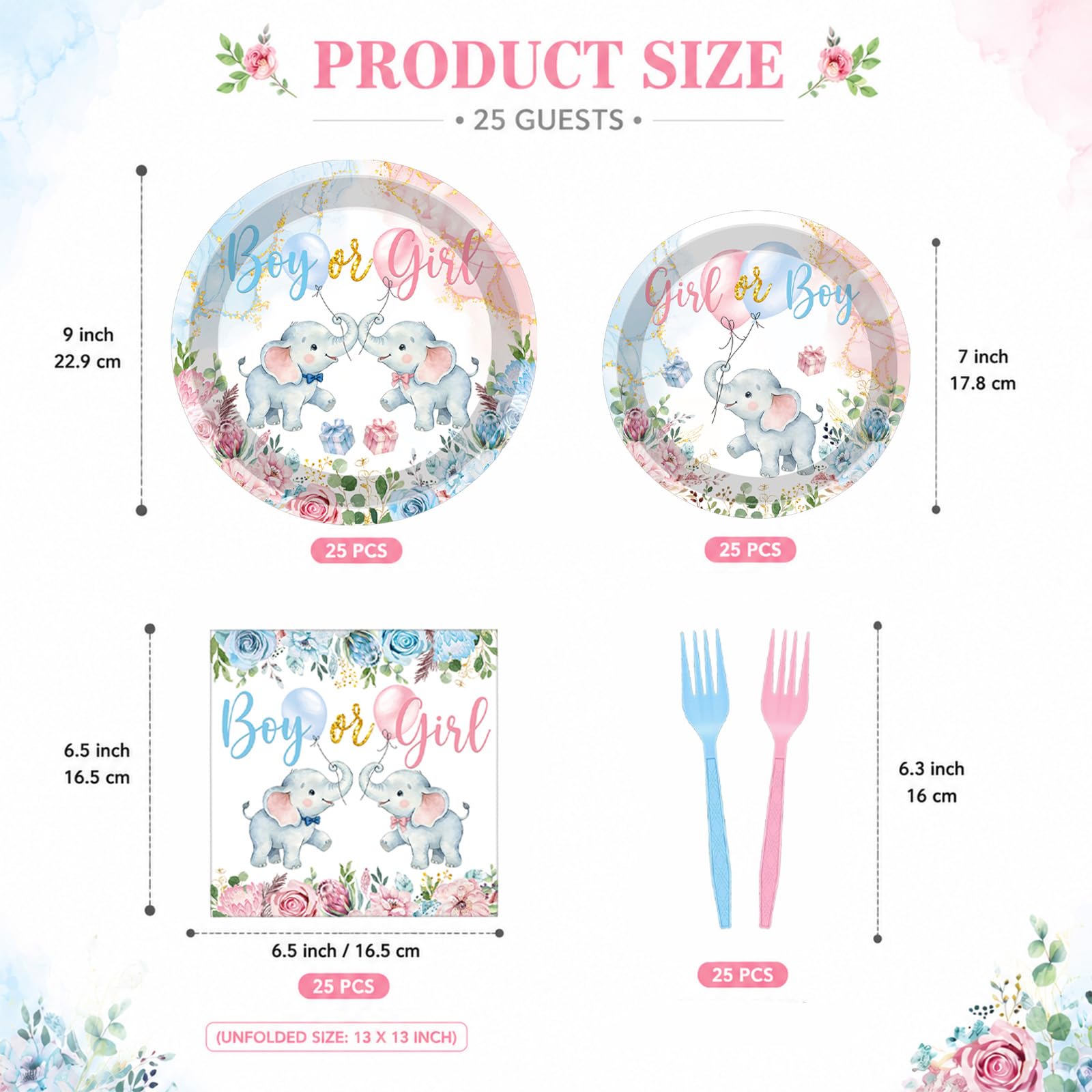 100 Pcs Elephant Gender Reveal Tableware Set, Serves 25, Disposable Boy or Girl Design Paper Plates, Napkins, and Pink Blue Plastic Forks, Baby Shower