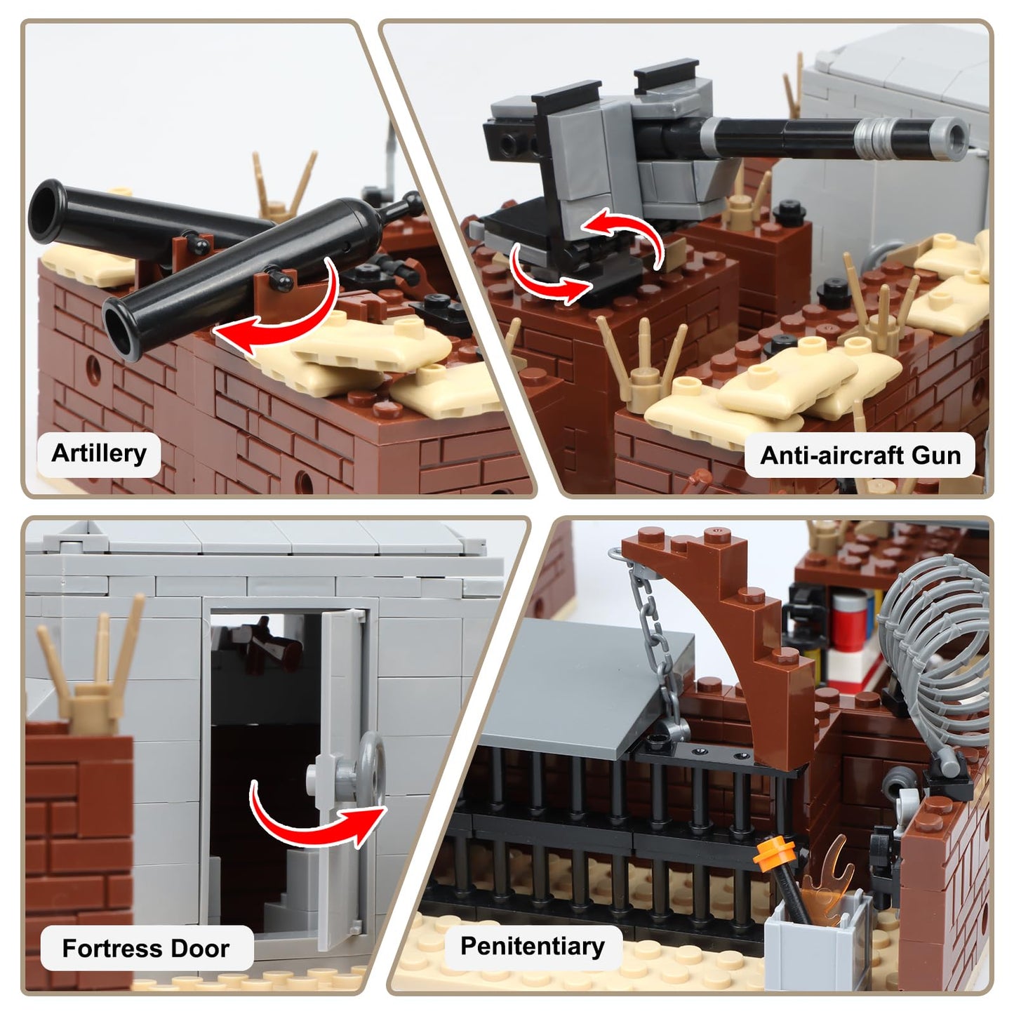 Finger Rock WW2 Military Base Bunker Trench Building Set, 8 in 1 Army Battle Scenes with Fortresses, Anti-Aircraft Guns, Treatment Room