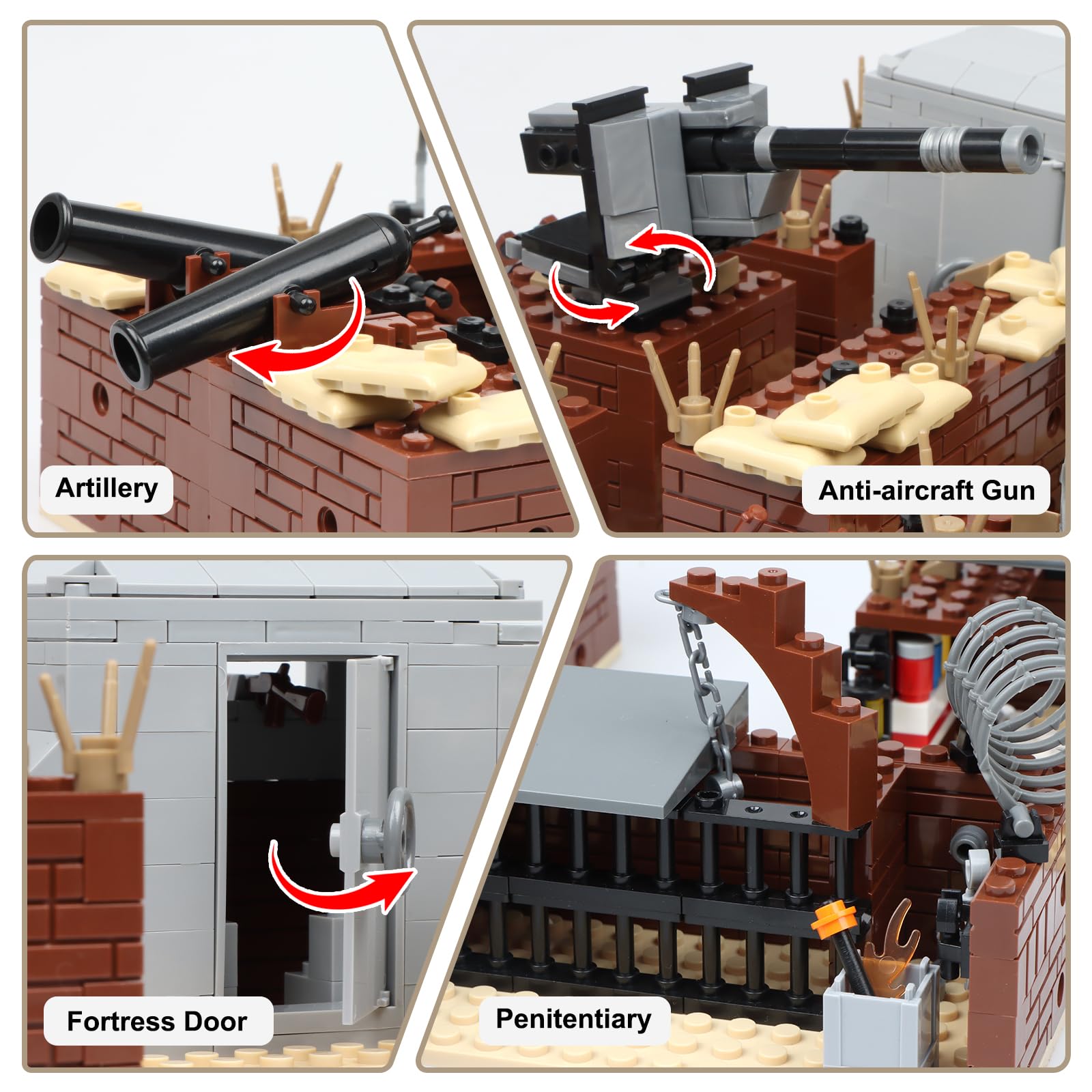 Finger Rock WW2 Military Base Bunker Trench Building Set, 8 in 1 Army Battle Scenes with Fortresses, Anti-Aircraft Guns, Treatment Room
