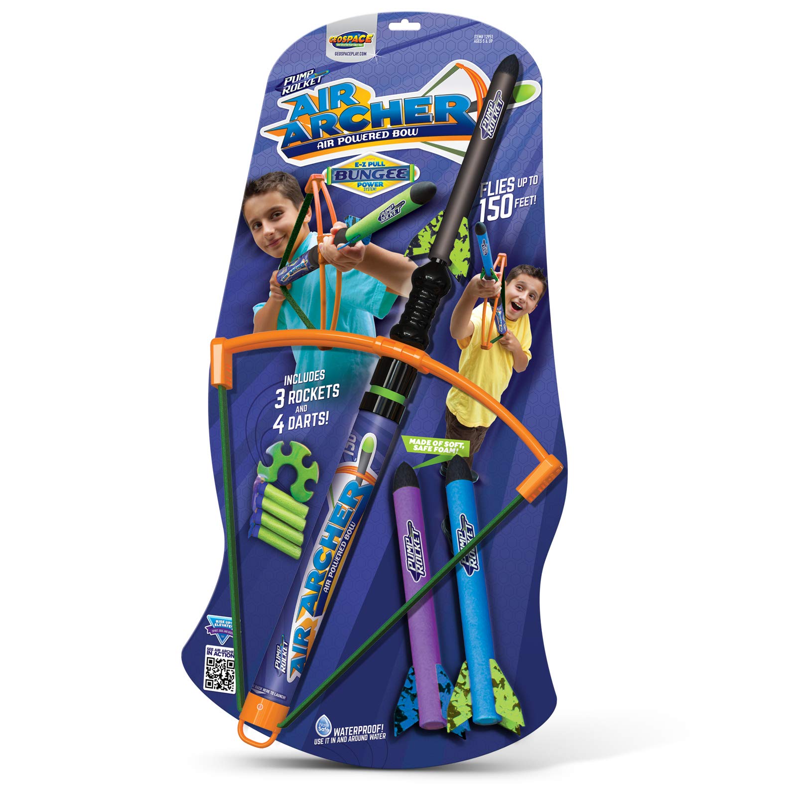 Geospace Pump Rocket Air Archer Air-Powered Bow and Rocket Set with EZ-Pull Bungee Power (1 Launcher, 3 Rockets and 4 Darts)