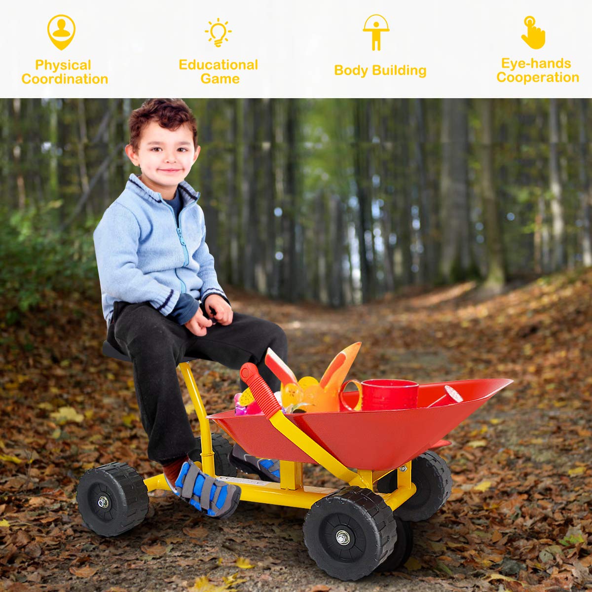 HONEY JOY Ride On Sand Dumper for Kids, Outdoor Garden Dump Cart Wheelbarrow w/8 Inch Wheels, Heavy Duty Steel Sit On Pulling Wagon Play Toy for Boys