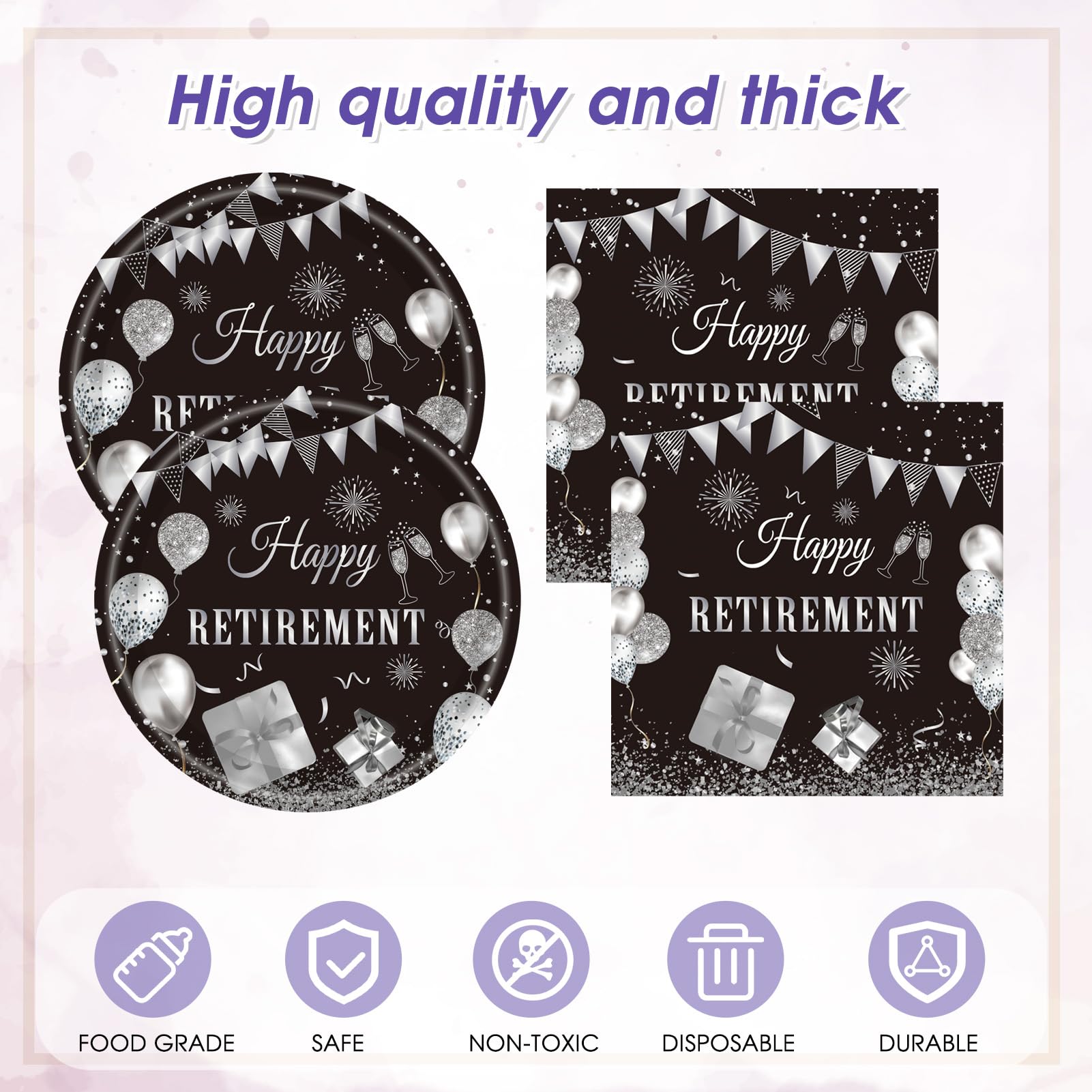 41PCS Happy Retirement Party Decorations for Men and Women,Black Silver Happy Retirement Paper Plates Napkins and Tablecloth Disposable Dinnerware