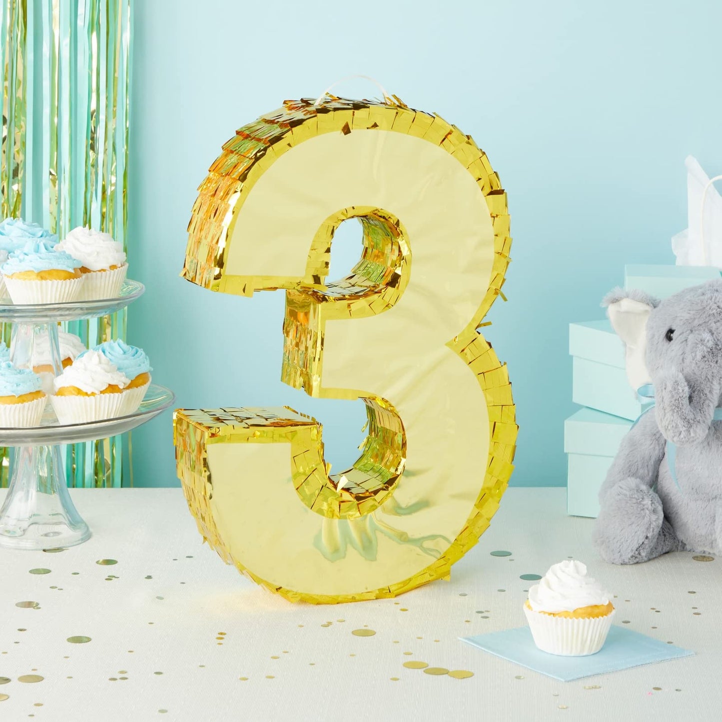 Juvale Gold Foil Number 3 Pinata - Spacious Candy & Toy Holder Birthday Pinata - Hangable Party Decor - 11.1 x 2.9 x 16.1 in, Paper, Gold