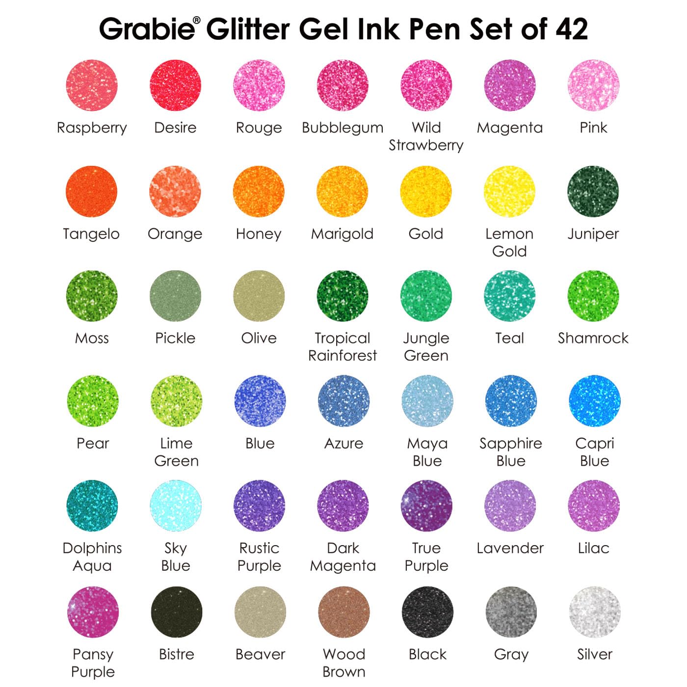 Grabie Set of 42 Glitter Gel Pens Set, Silver Sparkle Ink, 1.0mm Fine Tip Gel Pens for Adult Coloring Books, Journaling, Drawing, Scrapbooking, Smooth