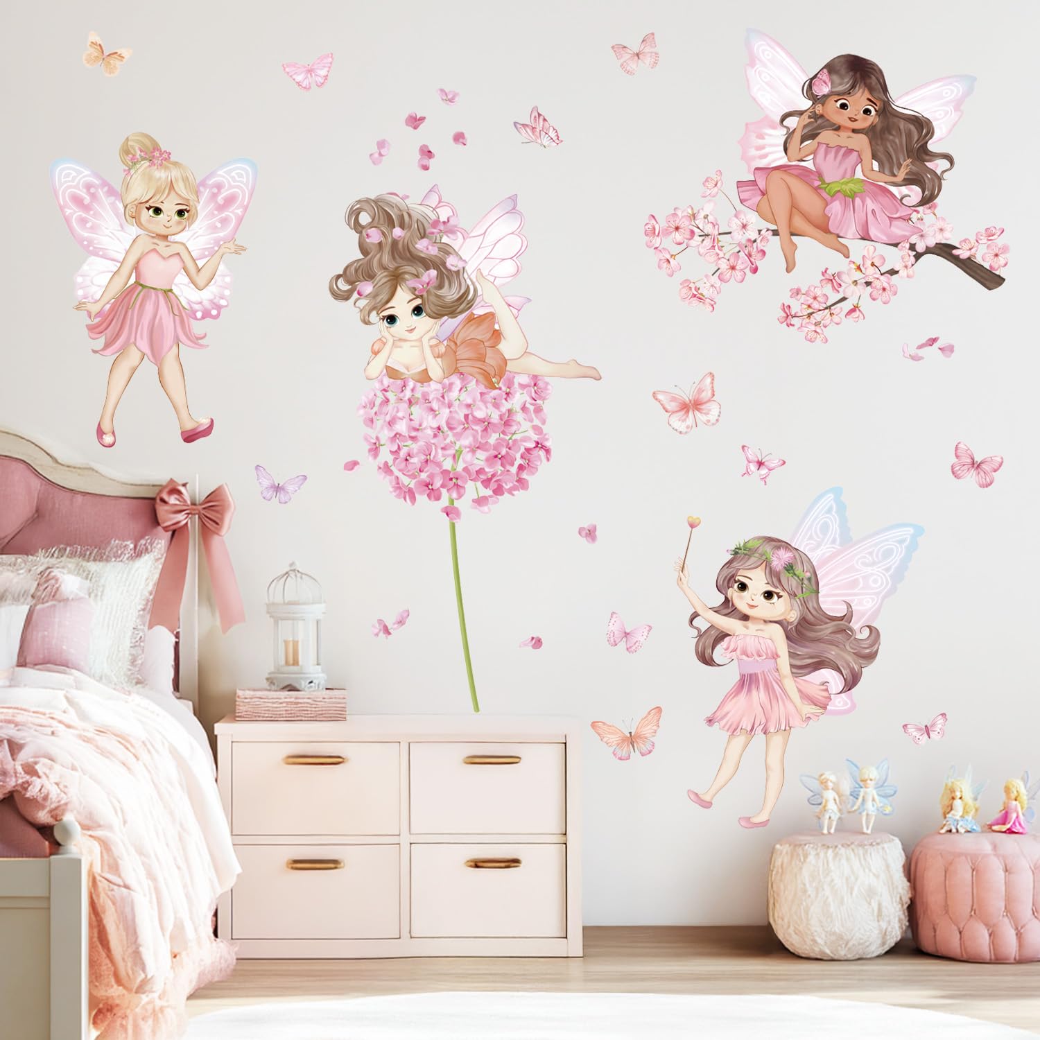 Fairy Wall Decals Pink Butterfly and Flower Wall Sticker for Girls Bedroom Baby Kids Room Perfect for Childrens Day Birthday Party Favors Wall Decor