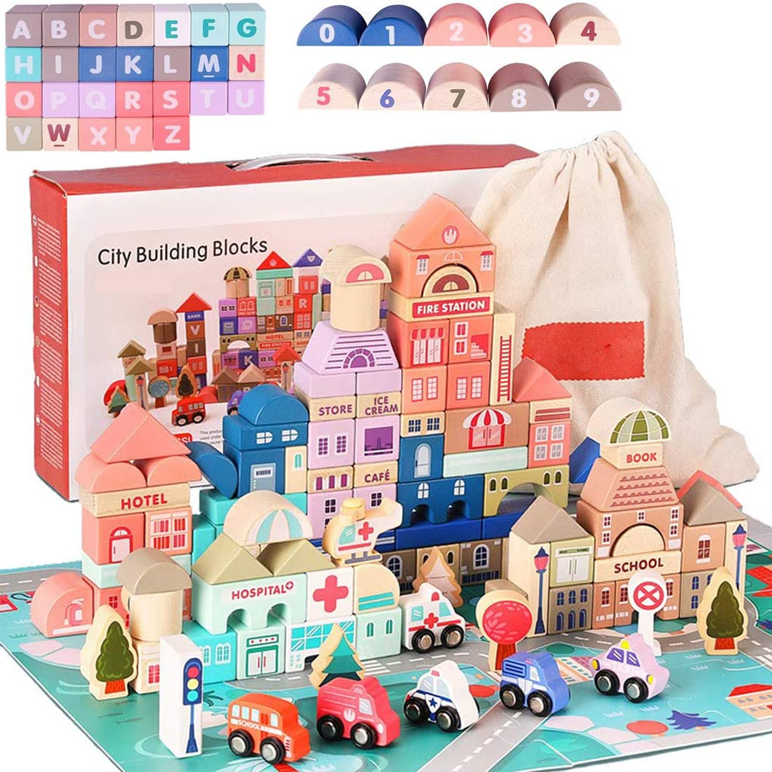 umbresen 115 Pcs Wooden City Building Blocks Set, Colorful Stacking Preschool Educational Toys for Toddlers Boys Girls Gifts with 20 Pcs Floor Jigsaw