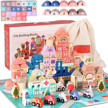 umbresen 115 Pcs Wooden City Building Blocks Set, Colorful Stacking Preschool Educational Toys for Toddlers Boys Girls Gifts with 20 Pcs Floor Jigsaw