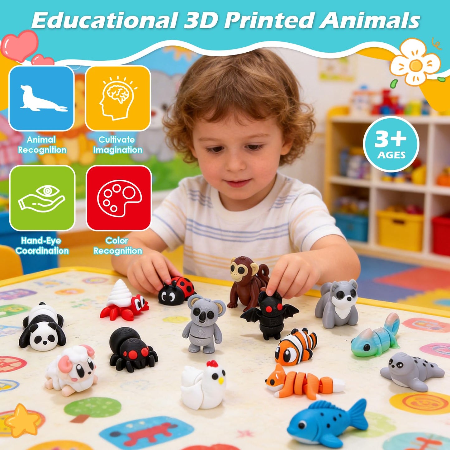 YRBIGSP 52 PCS 3D Printed Animals Set, Articulated 3D Printed Fidget Animal Toys for Kids Students Classroom Rewards,Party Favors, Easter Christmas