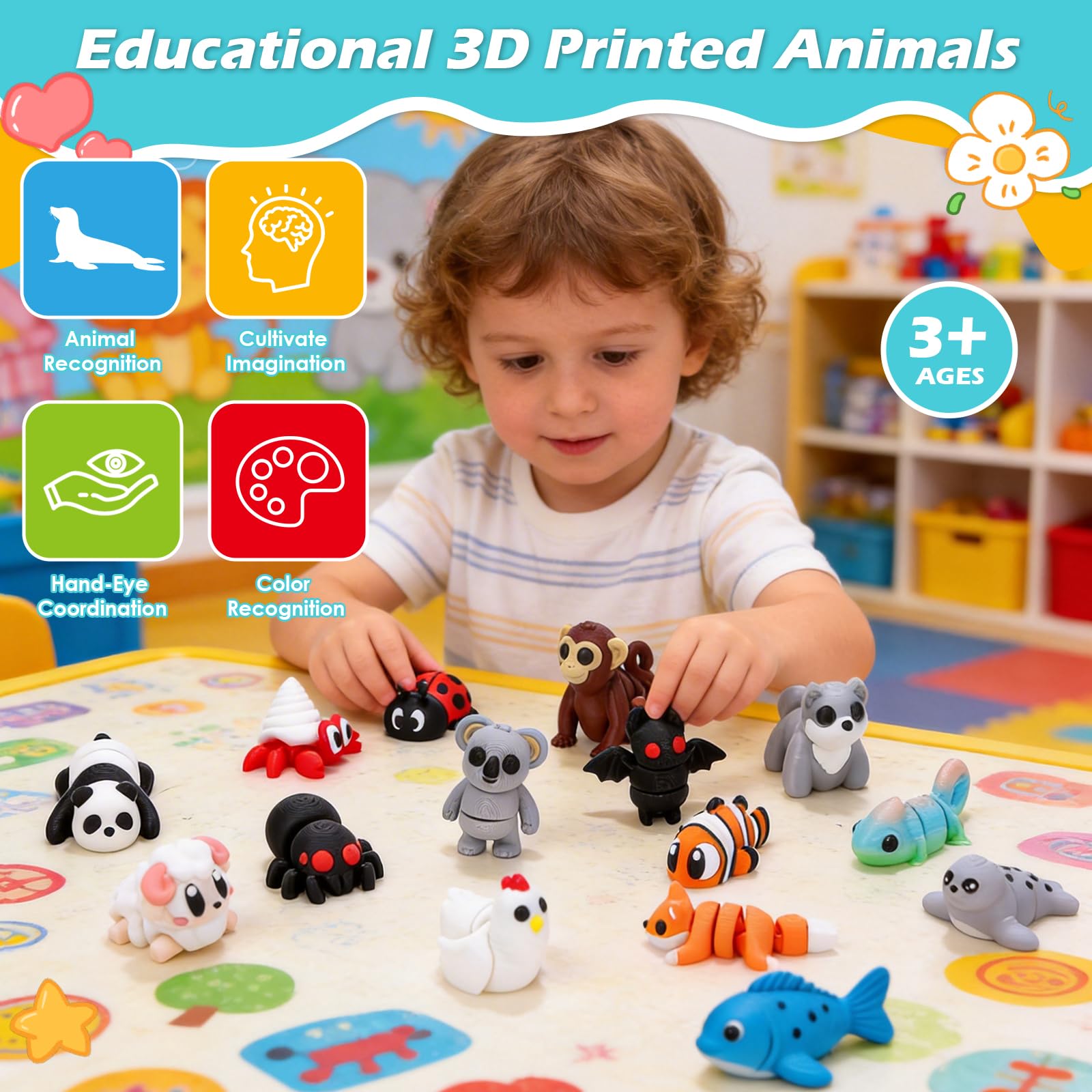 YRBIGSP 52 PCS 3D Printed Animals Set, Articulated 3D Printed Fidget Animal Toys for Kids Students Classroom Rewards,Party Favors, Easter Christmas