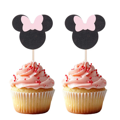 Pack of 24 Pink and Black Minnie Mouse Inspired Cupcake Toppers for Baby Shower Girl's Birthday Party Decorations
