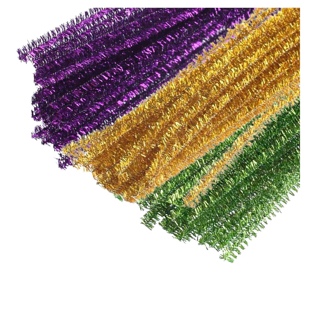 Pack of 300 Gold Purple and Green Metallic Tinsel Pipe Cleaners. Fuzzy Stick Tinsel Stems Mardi Gras Arts and Crafts Shapes, Flowers, Animals, Figures