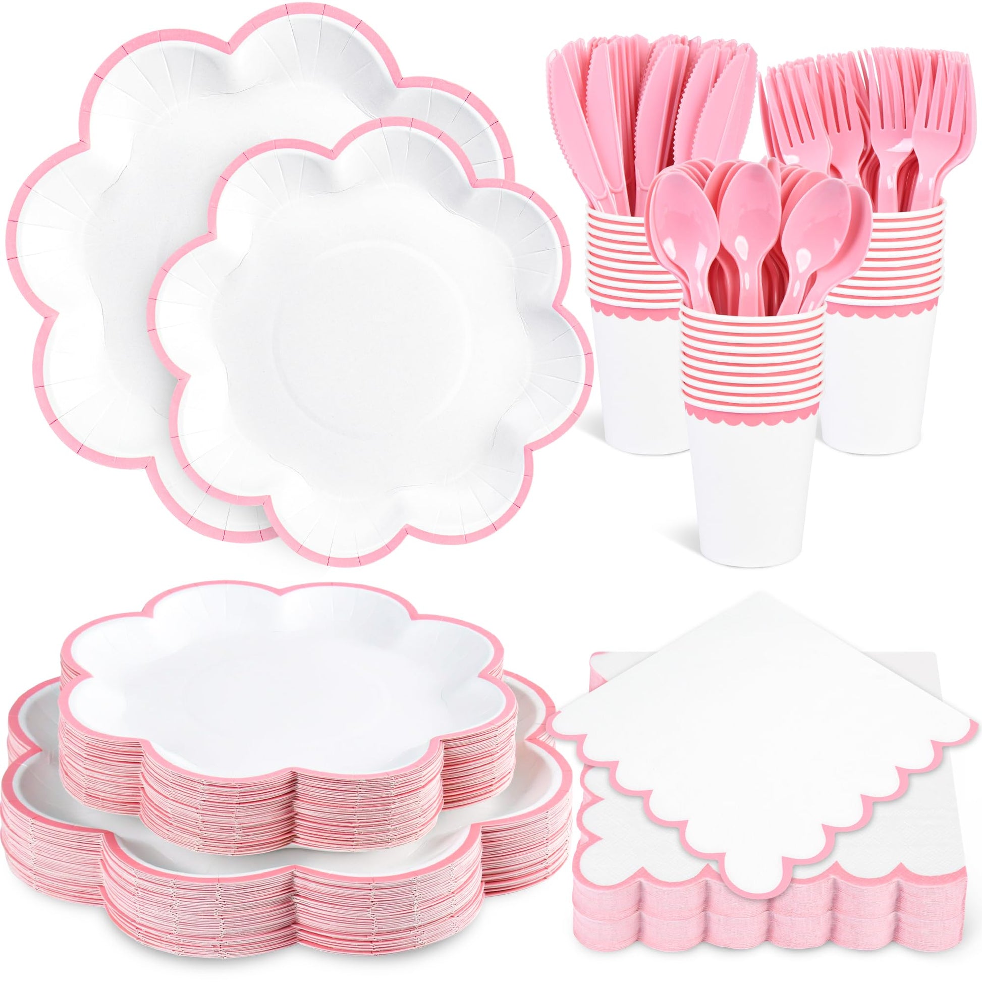 350 Pcs Pink and White Paper Plates and Napkins Set, 10" White Dinner Plates with Pink Scalloped Edge, 8" Scalloped Dessert Plate, Napkins, Cups